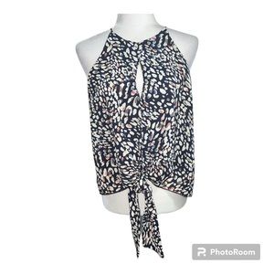 Fab’rik Halter Cut Tie Front Blouse Navy Off White Pattern